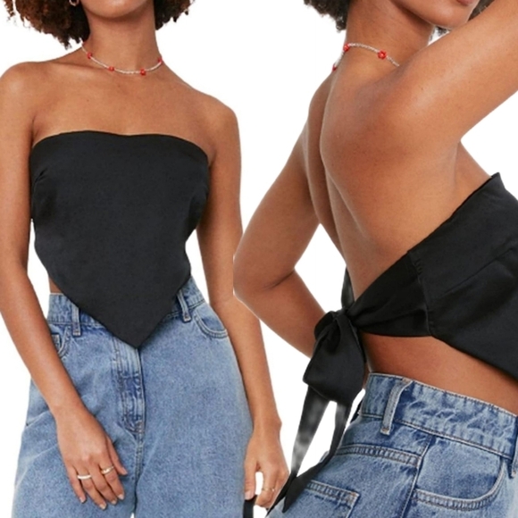 BLACK SATIN TIE BACK HANDKERCHIEF BANDEU CROP TOP - Picture 1 of 6